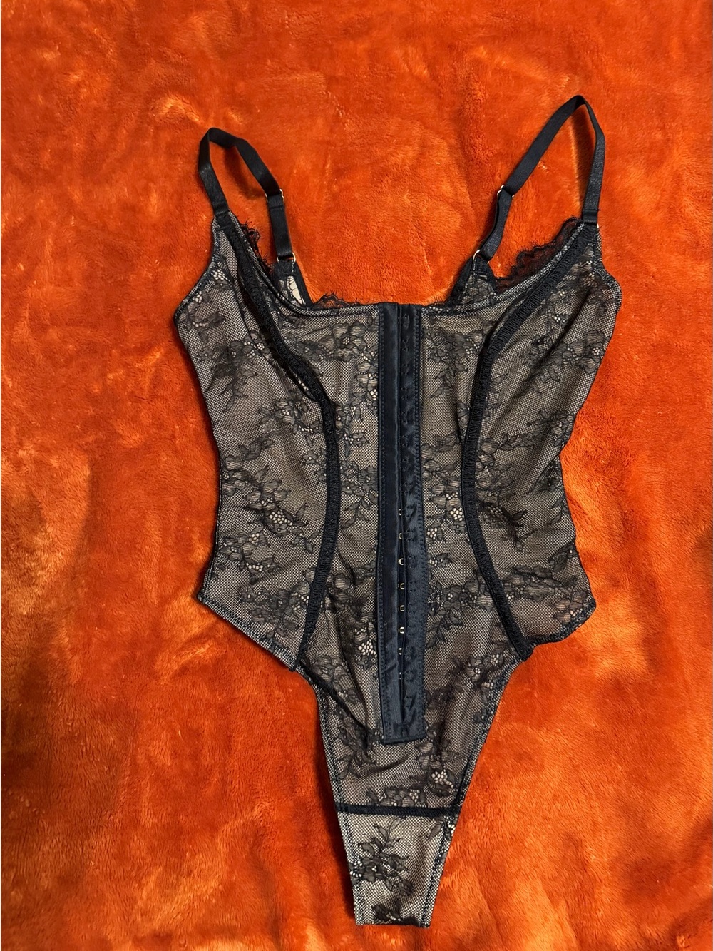 Sheer Black Lace Hook-Front Bodysuit Thong - Women's Shapewear
